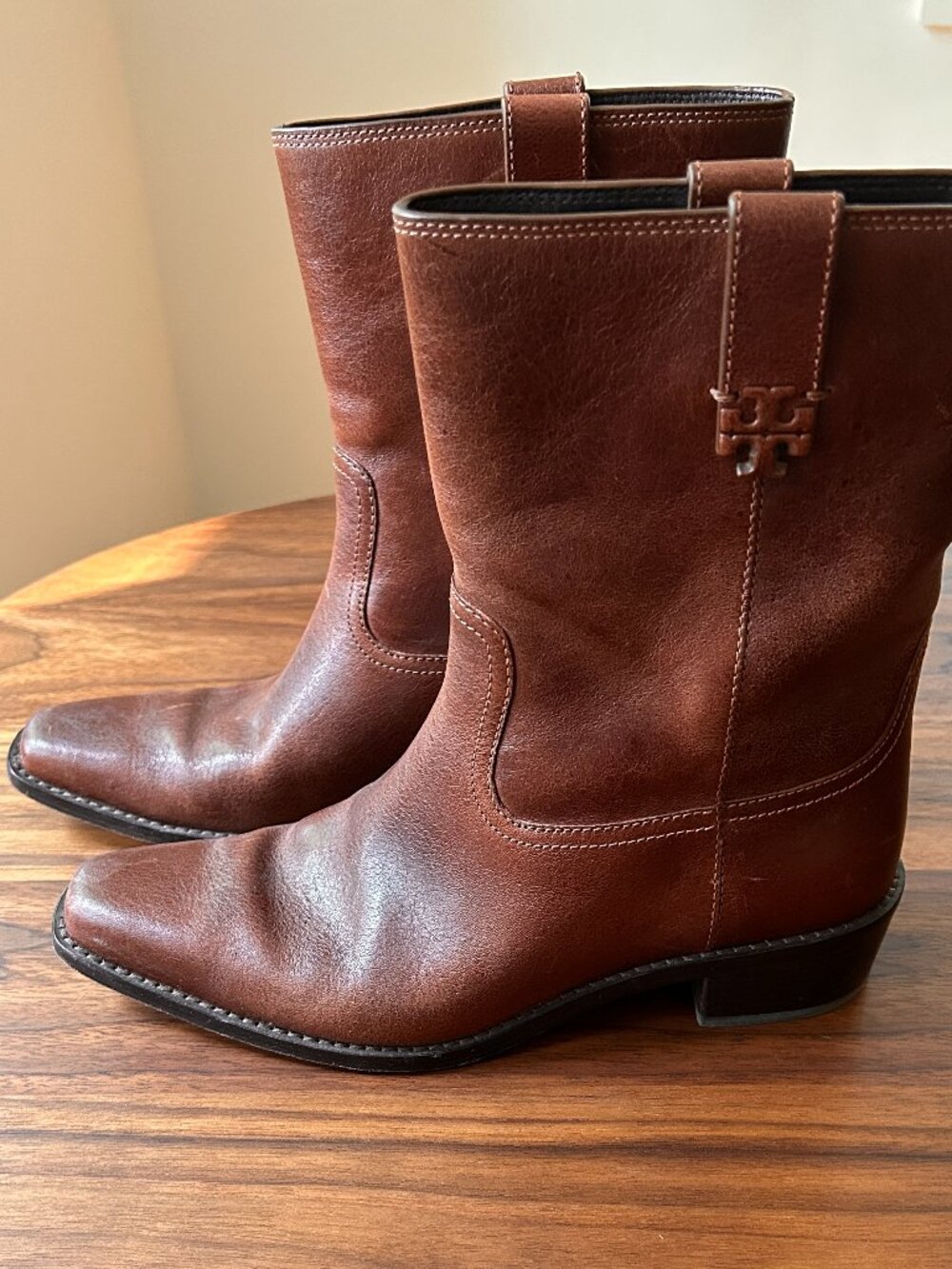 Tory Burch Double T Western Mid-Calf Leather Boots Brown sz 8.5